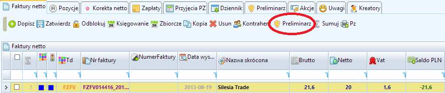 4.2 Faktury netto- preliminarz Po dopisaniu faktury netto istnieje możliwość przekazania jej do preliminarza płatności. Wystarczy skorzystać z ikony znajdującej się w górnym pasku.