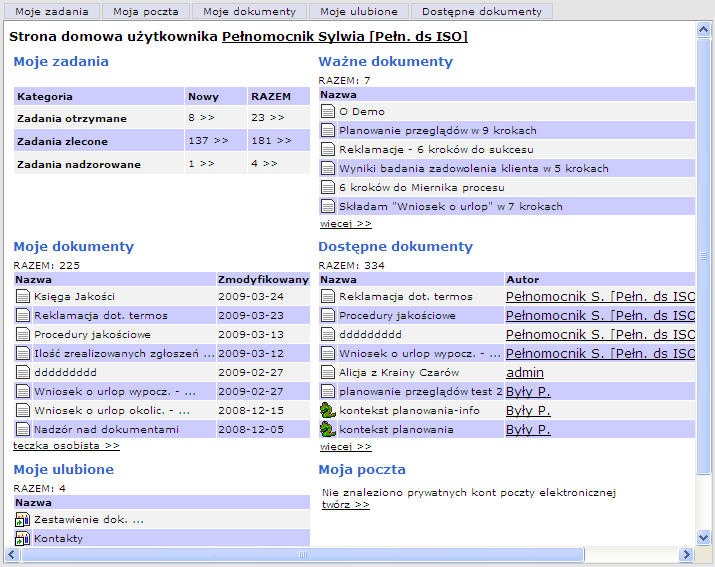 Dostęp do informacji Szybki dostęp do zadań otrzymanych, zleconych i nadzorowanych Ważne
