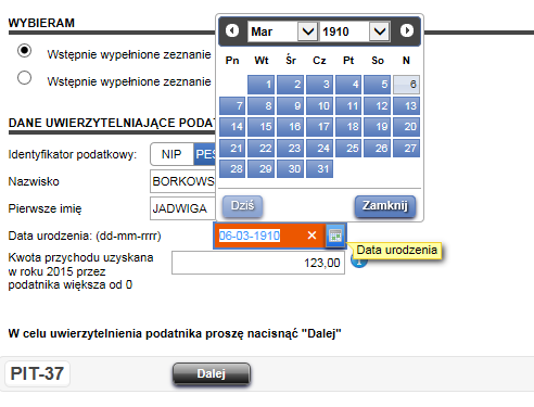 Rysunek 11 PFR PIT-37 - dane uwierzytelniające podatnika identyfikator podatkowy Nazwisko pole wymagane, w którym należy wpisać swoje nazwisko Pierwsze imię pole wymagane, w którym należy wpisać