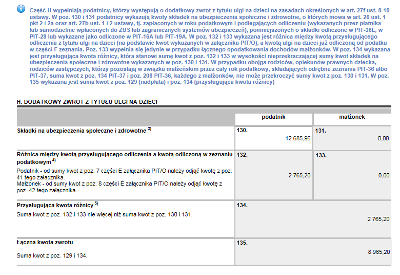 Rysunek 37 - dodatkowy dochód W poz. 130 i 131 przy zeznaniu wspólnym system wskazuje sumę składek na ubezpieczenie społeczne i zdrowotne wykazaną w zeznaniu. Kwoty te podatnik może zmienić - W poz.