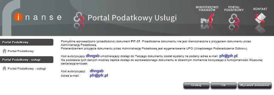 Rysunek 82 PFR PIT-37 adres e-mail Krok 3 W kolejnym oknie wyświetlona zostanie informacja o pomyślnym zapisaniu dokumentu oraz kod