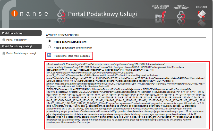 Rysunek 93 PFR wybór rodzaju podpisu dokument w formacie xml 10.