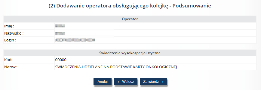 Rys. 2.10 Przykładowe okno listy uprawnień do świadczeń Aby danemu operatorowi dodać uprawnienie do rejestrowania kolejek dla danego świadczenia, należy skorzystać z opcji Dodanie uprawnienia. Rys. 2.11Przykładowe okno dodawania operatora obsługującego kolejkę W pierwszym oknie należy wskazać ze słownika świadczenie, do którego dany operator będzie mógł rejestrować kolejki oczekujących.