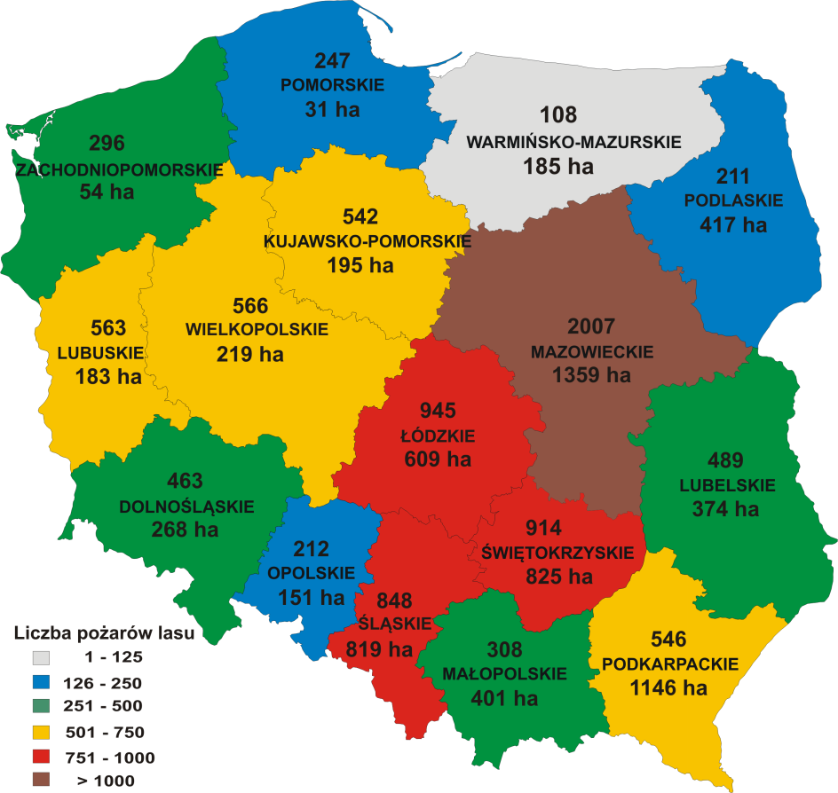 Rysunek 103. Liczba pożarów lasu i powierzchnia spalona w poszczególnych województwach w 2013 r.