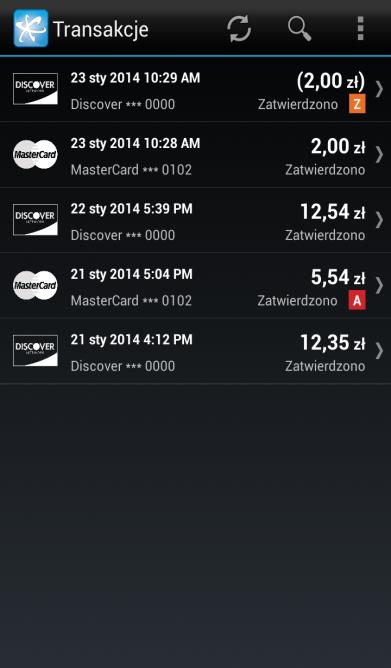 4.3 Przeglądanie wcześniejszych transakcji 1. Naciśnij Menu na swoim urządzeniu lub w aplikacji i wybierz Transakcje. 2.