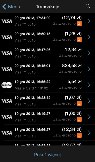 Po pobraniu i wyświetleniu wszystkich transakcji z serwera przewiń listę i wybierz transakcję w celu wyświetlenia szczegółowych informacji lub dokonania