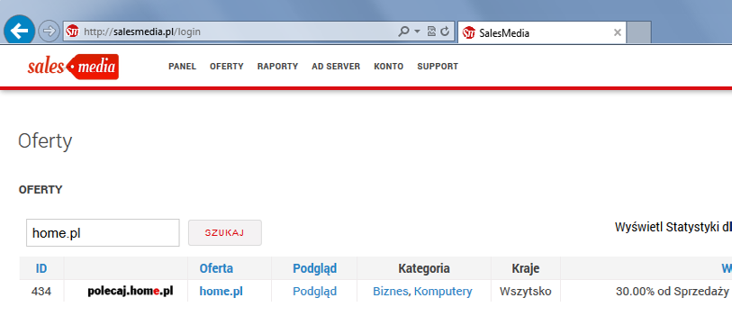 2 Aktywacja programu polecaj.home.pl Po zalogowaniu się do systemu należy wejść w dział Oferty oraz wybrać podkategorię Biznes lub Komputery.