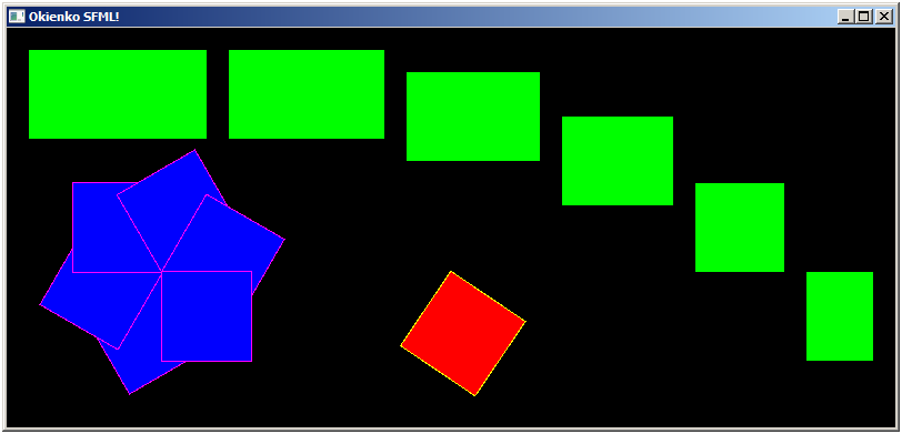 [p05_rozm-obrot] 4 RenderWindow okno(videomode(800,360),"okienko SFML!"); 5 RectangleShape prostokat(vector2f(160,80)); 6 prostokat.
