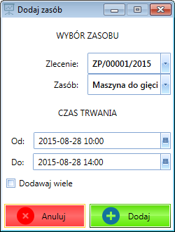 Z list rozwijanych, w części Wybór zasobu należy wybrać, do jakiego zlecenia zostanie dodany zasób, oraz jaki zasób zostanie dodany.