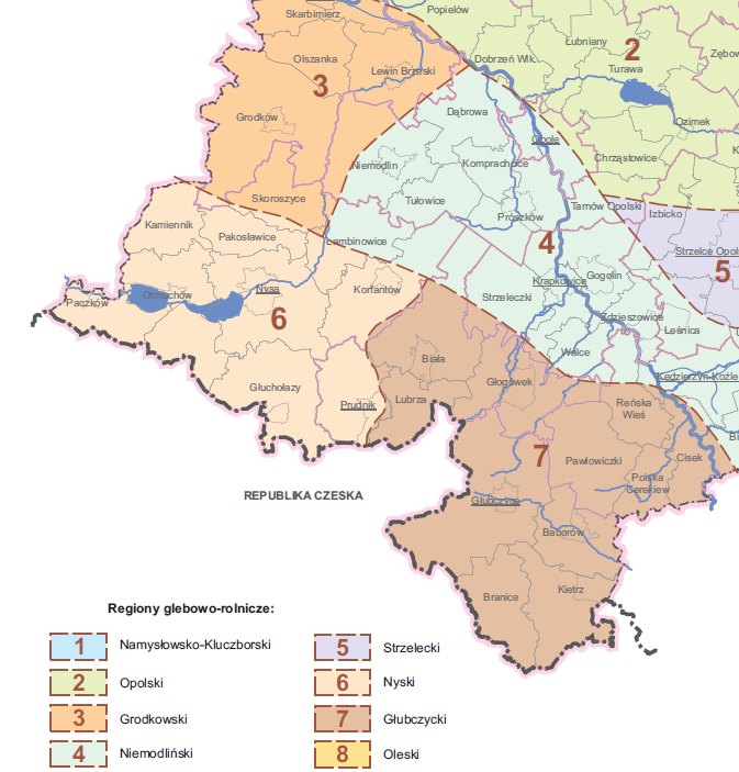Na poniższym rysunku przedsawiono regiony glebowo rolnicze Rysunek 13 Mapa z regionami glebowo rolniczymi. 1987 r. Źródło: Warunki przyrodnicze produkcji rolnej woj.
