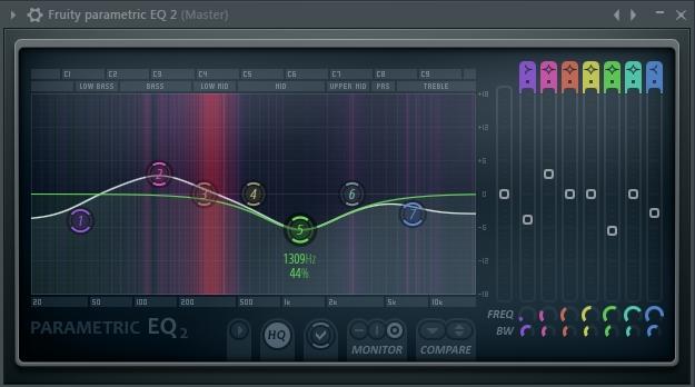 13. PARAMETRIC EQ 2 Fruity Parametric EQ 2 to zaawansowany 7-pasmowy korektor parametryczny z analizą spektralną. Otwieramy go poprzez mikser z racji że jest wtyczką efektową.