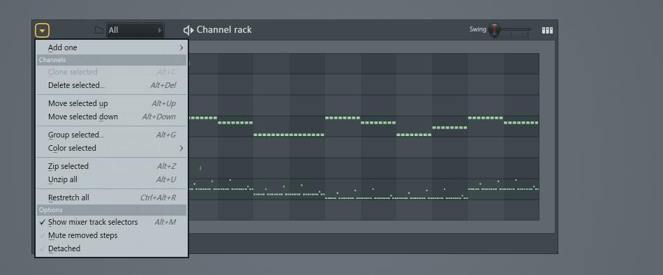 4. CHANNEL RACK / STEP SEQEUNCER Widok alternatywny do znanego wcześniej włączamy go ikonką zaznaczoną strzałką Tutaj błyskawicznie dodamy kolejną wtyczkę instrumentową Po lewej stronie każdego