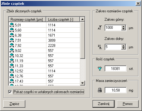 41 15. WYKORZYSTANIE WYNIKOWEJ LISTY CZĄSTEK W programie Mikroanalizator możliwe jest wyświetlenie listy rozpoznanych cząstek.