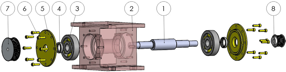 Rysunek 6 Mechanizm przeniesienia napędu: 1 elektrowrzeciono KRESS 1050 FME, 2 obudowa wałka pośredniego, 3, 8, 13, 11 pasowe koła zębate, 4 łożysko kulkowe, 5 pokrywa łożyska, 6 płyta przejściowa,