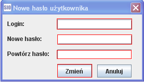 Zmień hasło opcja ta umożliwia zmianę obecnego hasła na inne: Nowe hasło użytkownika opcja ta daje administratorowi prawo nadania nowego hasła użytkownikowi w momencie, gdy ten zapomniał hasła i w