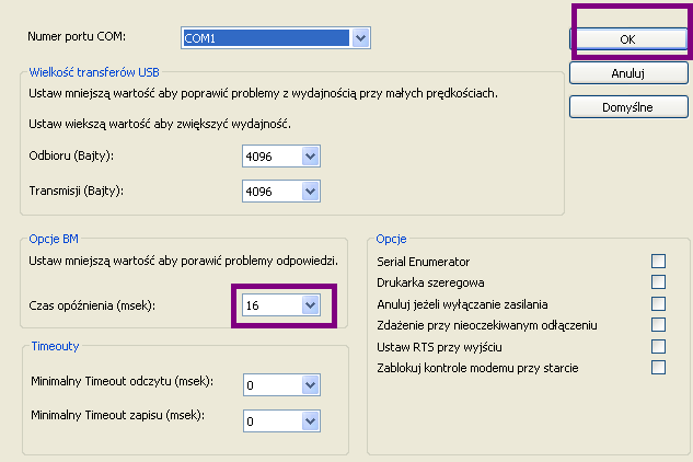 W zakładce ustawienia portu, kliknąć przycisk zaawansowane oraz sprawdzić czy czas opóźnienia na porcie wynosi 16 ms (rys. poniżej), jeżeli nie, to należy takowe ustawić.
