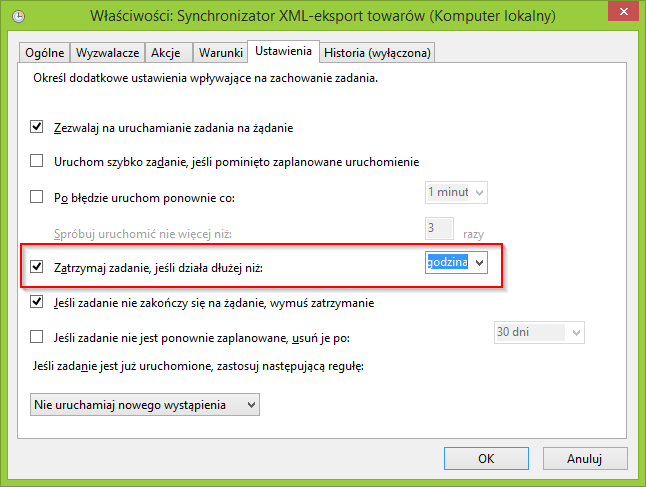W zakładce ustawienia należy zaznaczyć opcję zatrzymaj zadanie, jeśli działa dłużej niż.