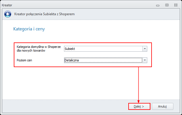 Po zdefiniowaniu podłaczenia do API, użytkownik powinien wybrać: Kategorię domyślną w Shoperze dla nowych towarów kategorię należy utworzyć w