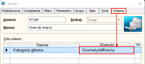 Po prawidłowym utworzeniu pola własnego, należy uzupełnić jego wartość w kartotece towaru.