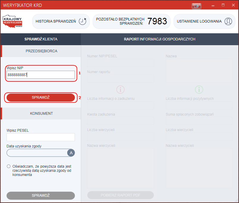 4.3 Weryfikacja przedsiębiorcy W celu weryfikacji przedsiębiorcy za pośrednictwem programu, w sekcji Przedsiębiorca wpisz numer NIP (1), a następnie kliknij Sprawdź (2).