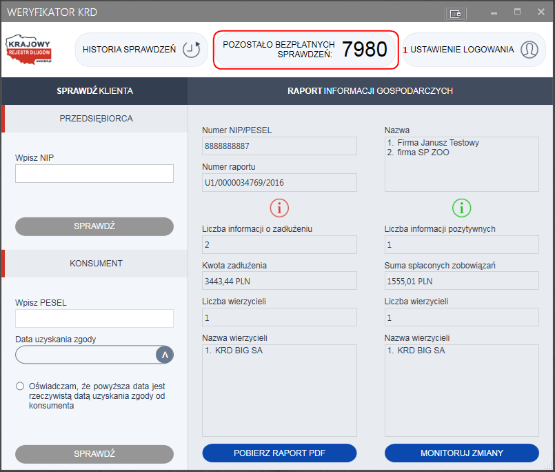 4.8 Bezpłatne sprawdzenia Program Weryfikator KRD na bieżąco informuje o liczbie pozostałych bezpłatnych sprawdzeń (1). Informację o bezpłatnych sprawdzeniach można odświeżyć w każdej chwili.