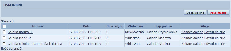 Galeria klasowa w której znajdują się galerie utworzone przez nauczycieli jako klasowe galerie zdjęć. Po wejściu na zakładkę Galerie domyślnie otwarta będzie podzakładka Galeria użytkownika.