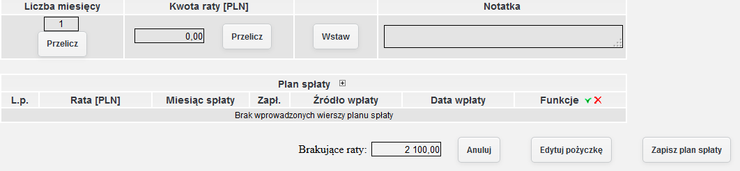 rys. 48 Formularz edycji pożyczki ( z aktywną opcją Liczba miesięcy spłacania) Wprowadzanie/edycja planu spłaty Wprowadzanie planu spłaty może odbywać się automatycznie lub ręcznie.