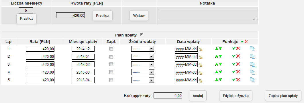 rys. 50 Wygenerowany automatycznie plan spłaty Generowanie ręczne Generowanie ręczne polega na ręcznym dodawaniu nowych rat.