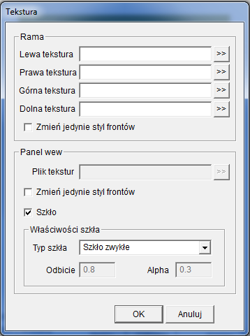 definiuj. W przypadku wskazania opcji Definiuj naleŝy ustawić parametry: Odbicie i Alpha. Gdy odznaczysz opcję Szkło moŝesz wybrać teksturę dla panelu wewnętrznego.