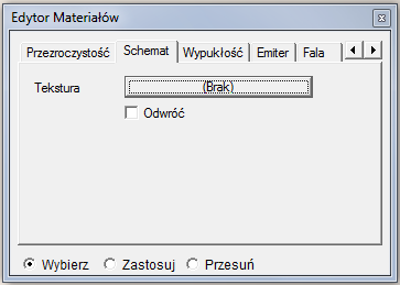 Przepuszczalność: Przepuszczalność obiektów. Ten parametr steruje załamaniem światła. Najczęściej domyślna wartość wynosi 1. Tekstura: UŜyj tekstury aby kontrolować przeźroczystość.