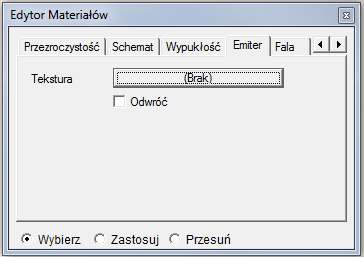 3.11.1.8 Zakładka emiter: Podobnie jak dla tekstury sterującej odbiciem i przezroczystością, funkcja emit wykorzystuje