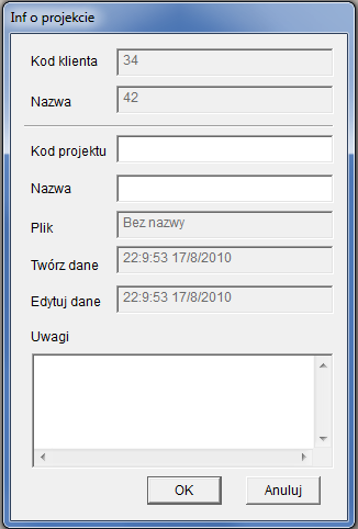 5. W oknie dialogowym Inf o projekcie wpisz kod projektu i nazwę i uwagi odnośnie projektu.