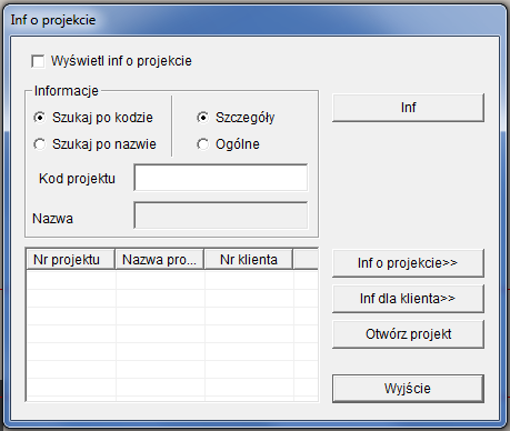informacje na temat projektu. 3.14.12 Inf o kliencie To polecenie pozwala uŝytkownikowi wyszukać informacje o kliencie. Wybierz Opcje Inf o kliencie. Wyświetli się okno dialogowe Inf o kliencie.