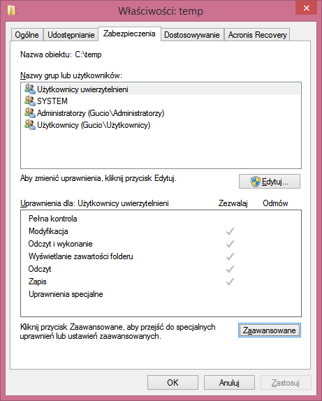 Uprawnienia plików NTFS Administratorzy mogą przypisywać użytkownikom lub grupom dowolne z następujących uprawnień do pliku lub folderu: Wyświetlanie zawartości folderu - Użytkownicy mogą przeglądać