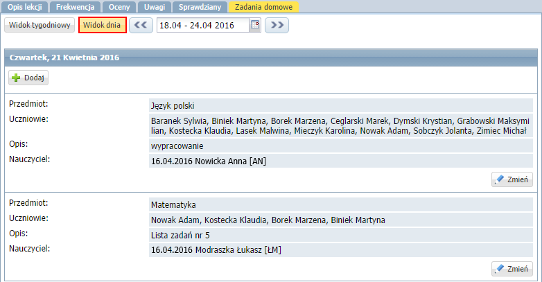 Dokumentowanie lekcji w systemie UONET+ 15/16 Jeśli nauczyciel nie uczy danego przedmiotu w oddziale, to próba wpisania sprawdzianu kończy się komunikatem: Brak uprawnień do wpisania sprawdzianu.