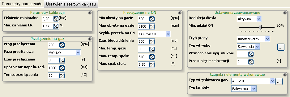 Parametry silnika: o Ilość cylindrów liczba cylindrów w samochodzie o Sygnał obrotów domyślna wartość 2,5V powinna być zmieniana tylko w przypadku nieprawidłowego odczytu sygnału obrotów (po
