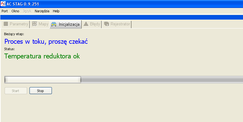 Rysunek 2.2.1 Widok okna Inicjalizacja. 2.2.2 Proces kalibracji Po poprawnym montażu instalacji w pojeździe można przystąpić do kalibracji sterownika gazowego.