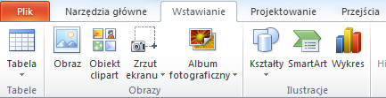 Slajdy mogą być wzbogacone przez dodawanie do nich różnych elementów, nie tylko obrazów. 9. Aby dodać pole z wybranym elementem multimedialnym należy kliknąć na zakładkę Wstawianie.