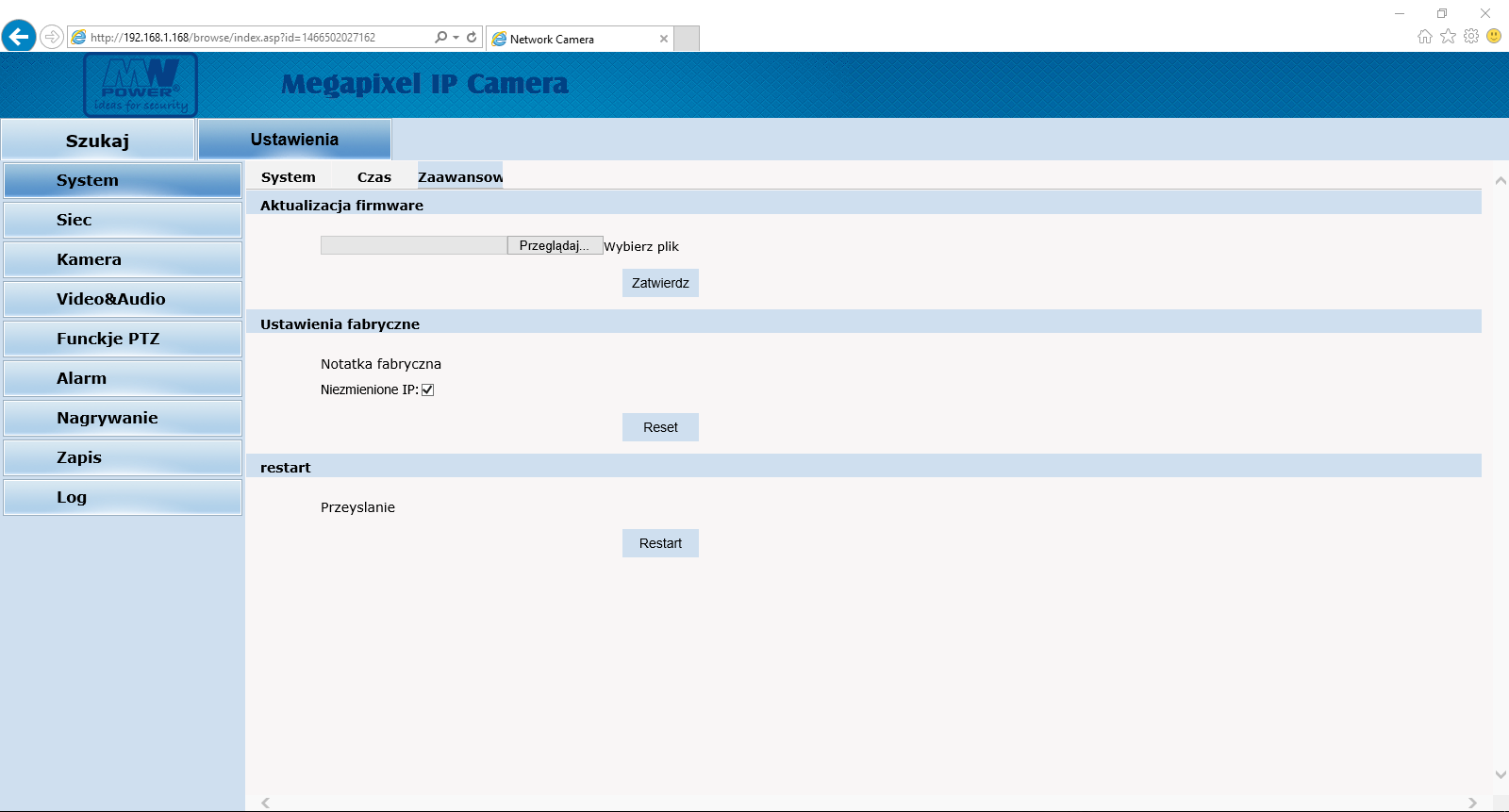 Fot.9 Widok menu System w zakładce Czas Zaawansowane pozwala na aktualizowanie firmware'u, ustawianie stałego adresu IP, dokonanie restartu systemu. Fot.