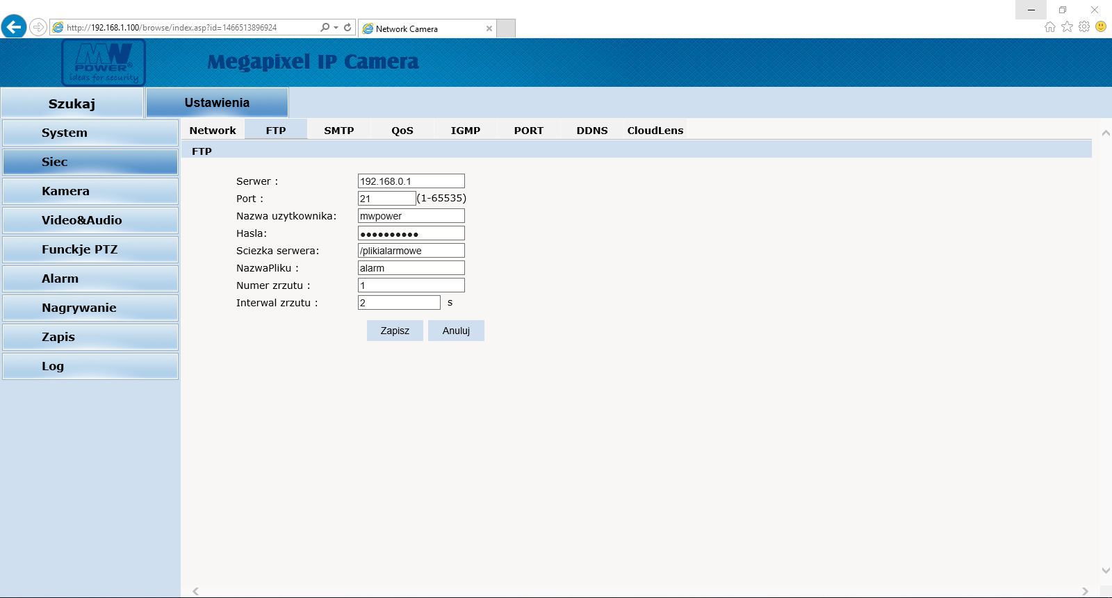 Fot.11 Widok menu Sieć w zakładce Network FTP pozwala na wysyłanie plików na serwer FTP po wystąpieniu alarmu.