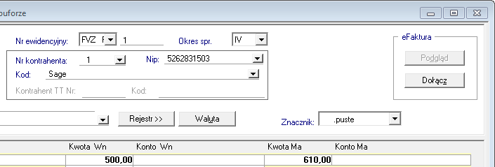 Symfonia Finanse i Księgowość 9 / 11 Okno wprowadzania i edycji dokumentu Rys.6. Okno wprowadzania dokumentu dostępne w programie Finanse i Księgowość z widocznymi akcjami Podgląd i Importuj. 1. Guzik Importuj opcja importu pojedynczej e-faktury zakupu bezpośrednio z programu e-dokumenty 2.