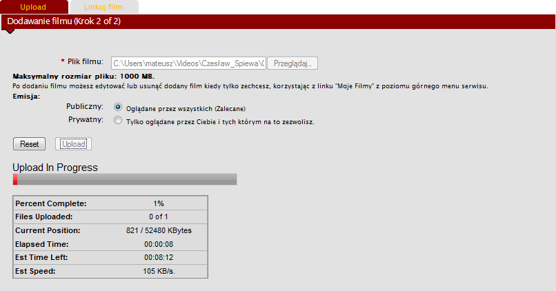 8. Kiedy klikniesz dodaj (upload) zobaczysz pasek postępu