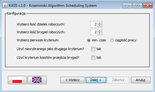 Rys. 2. Ekran powitalny programu KASS v.1.0 [opracowanie własne] Program moŝe być obsługiwany po Polsku lub po Angielsku.