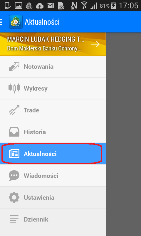 S t r o n a 15 Okno historii operacji, z prawej okno zawierające historię transakcji tylko dla instrumentu EURUSD 5) Moduł Aktualności W module możemy odbierać