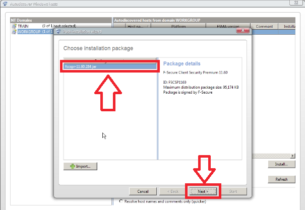 PUSH INSTALLATION Gdy wybierzemy opcję Push Installation pojawi się okno, w którym wpisujemy nazwy WINS lub adres IP hostów. Poniżej, w tabelce Host pojawią się wykryte komputery.