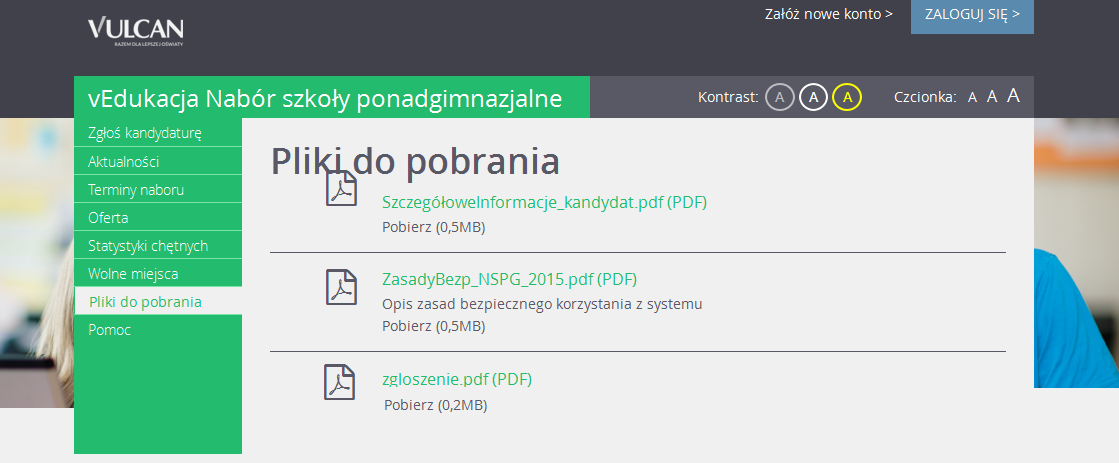 Pozycja Wyniki rekrutacji - opcja jest dostępna po zalogowaniu i wyświetla się po publikacji list zakwalifikowanych lub przyjętych.