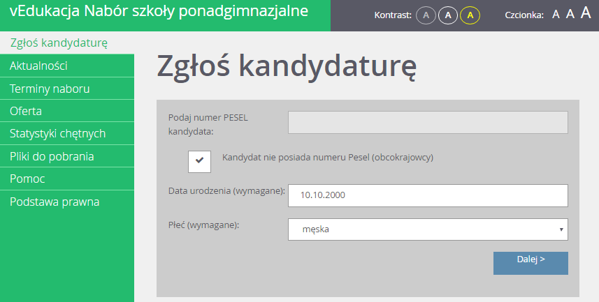 2. Wpisać numer PESEL kandydata i kliknąć przycisk Dalej.