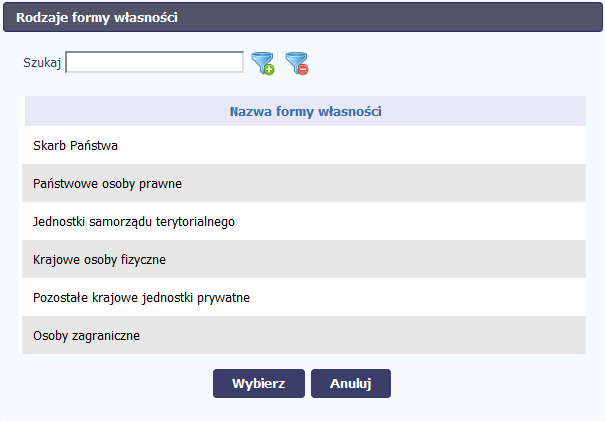 Forma własności. Pole obowiązkowe. Użytkownik w momencie ustawienia kursora w polu aktywuje pole.