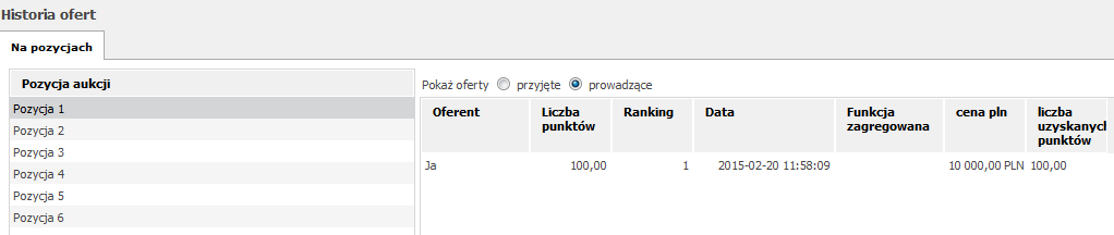 Rysunek 12 Konsola Oferenta Historia ofert Zmienne wynikowe, takie jak np. ranking, wyświetlane w opcji przyjęte, są wartościami historycznymi z momentu złożenia oferty.