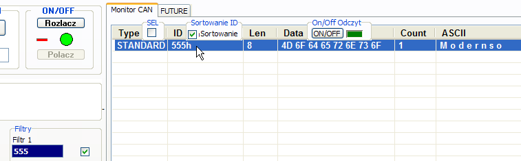 Okno Monitor CAN Ramki odbierane można sortować, filtrować oraz kierować do przeliczenia, przyciskiem ON/OFF można zatrzymywać odczyt, sortowanie umożliwia nadpisywanie identyfikatorów i danych nowa